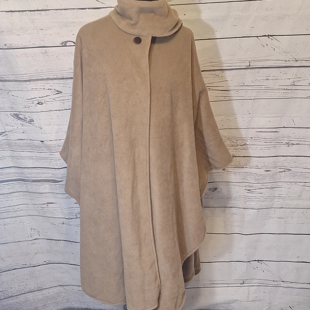 Preston & York Tan Fleece Cape Poncho One Size Mock Neck Coat Wrap